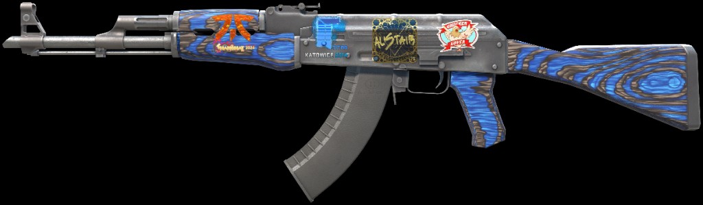 AK-47 Case Hardened with a Fnatic holo, a Titan holo, an iBUYPOWER holo, and a chicken sticker.