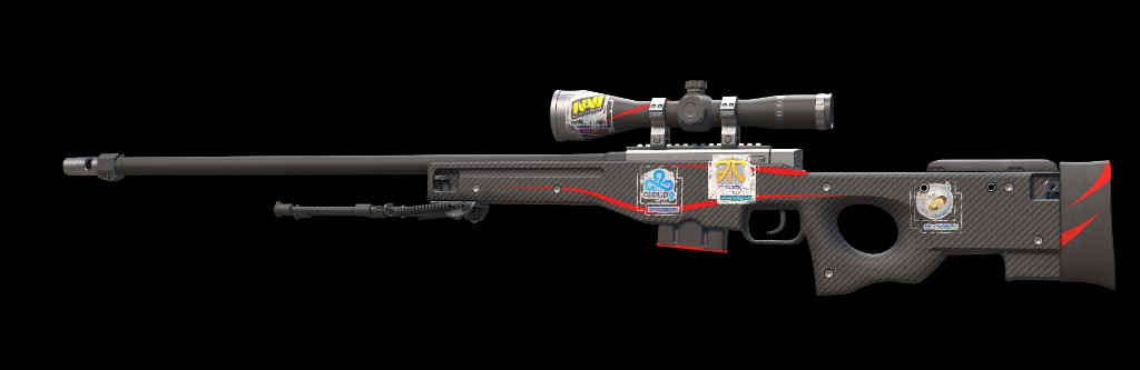 AWP Redline with scratched stickers. A scraped Natus Vincere holo sits on the scope, Cloud9 and Fnatic holos are on the body, and a gold sticker is on the stock.