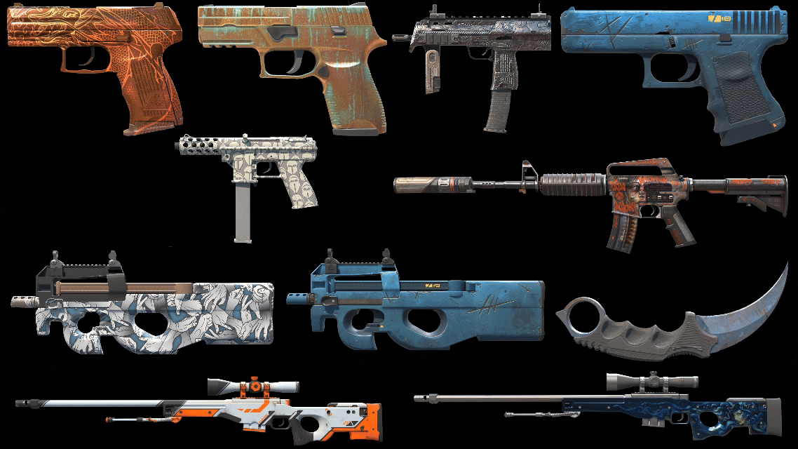 High-float CS2 skins whose finish changes with wear, including Imperial Dragon, Verdigris, Sunbaked, Hades, Night Terror, Death Grip, Rust Coat, Asiimov, and Medusa.