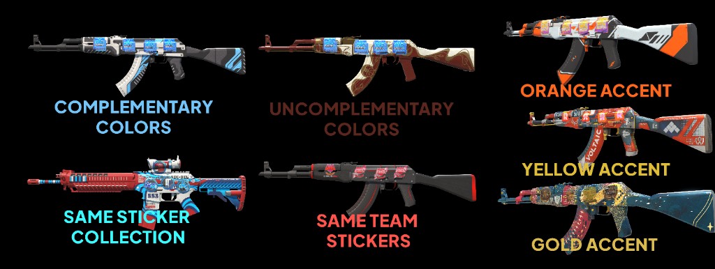 Examples of sticker craft coherence: matching colors, clashing colors, the same sticker collection, the same team, and orange, yellow, and gold accents.
